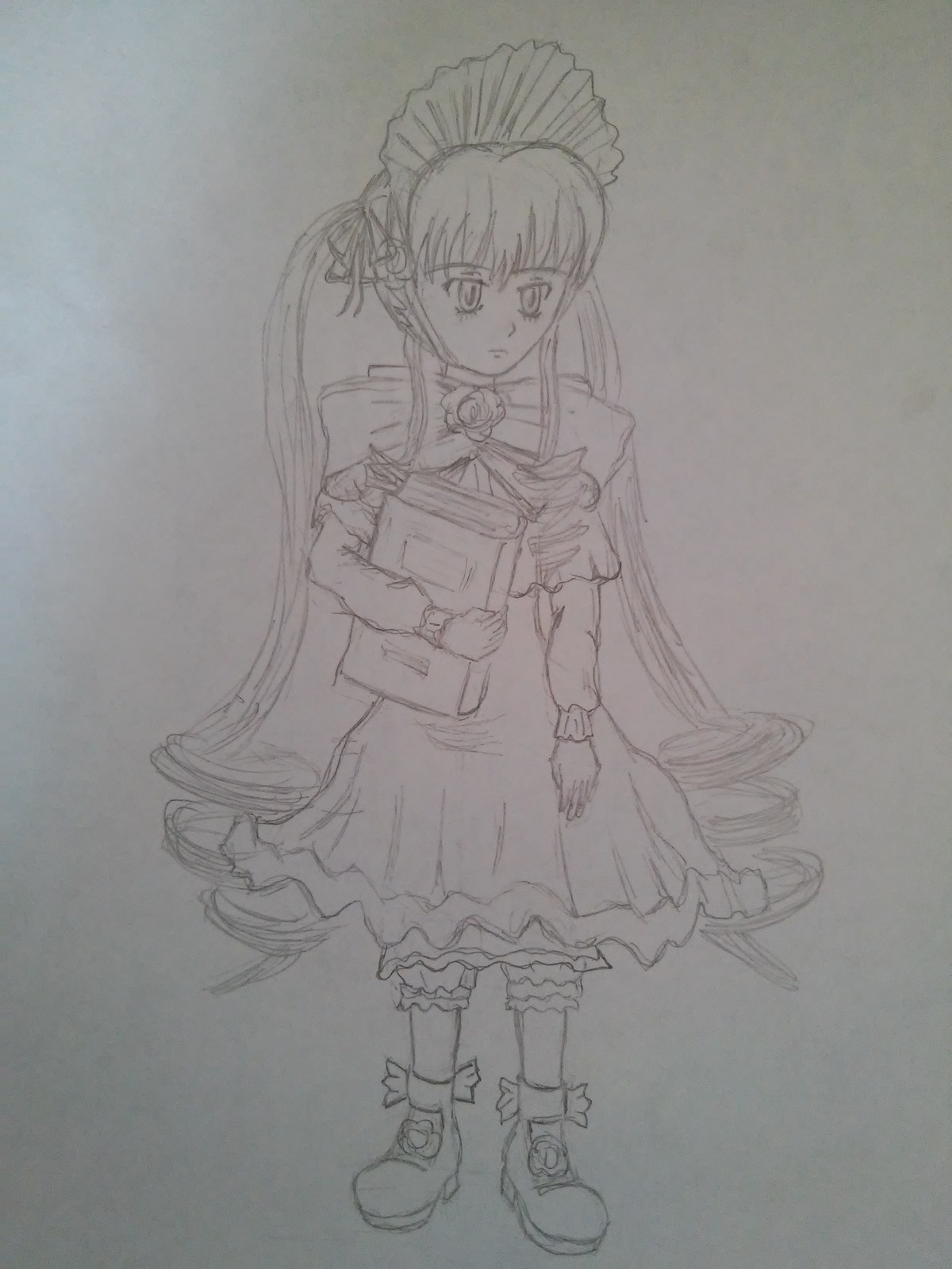 1girl bonnet dress drill_hair frills full_body image long_hair long_sleeves monochrome shinku solo standing traditional_media twin_drills twintails very_long_hair