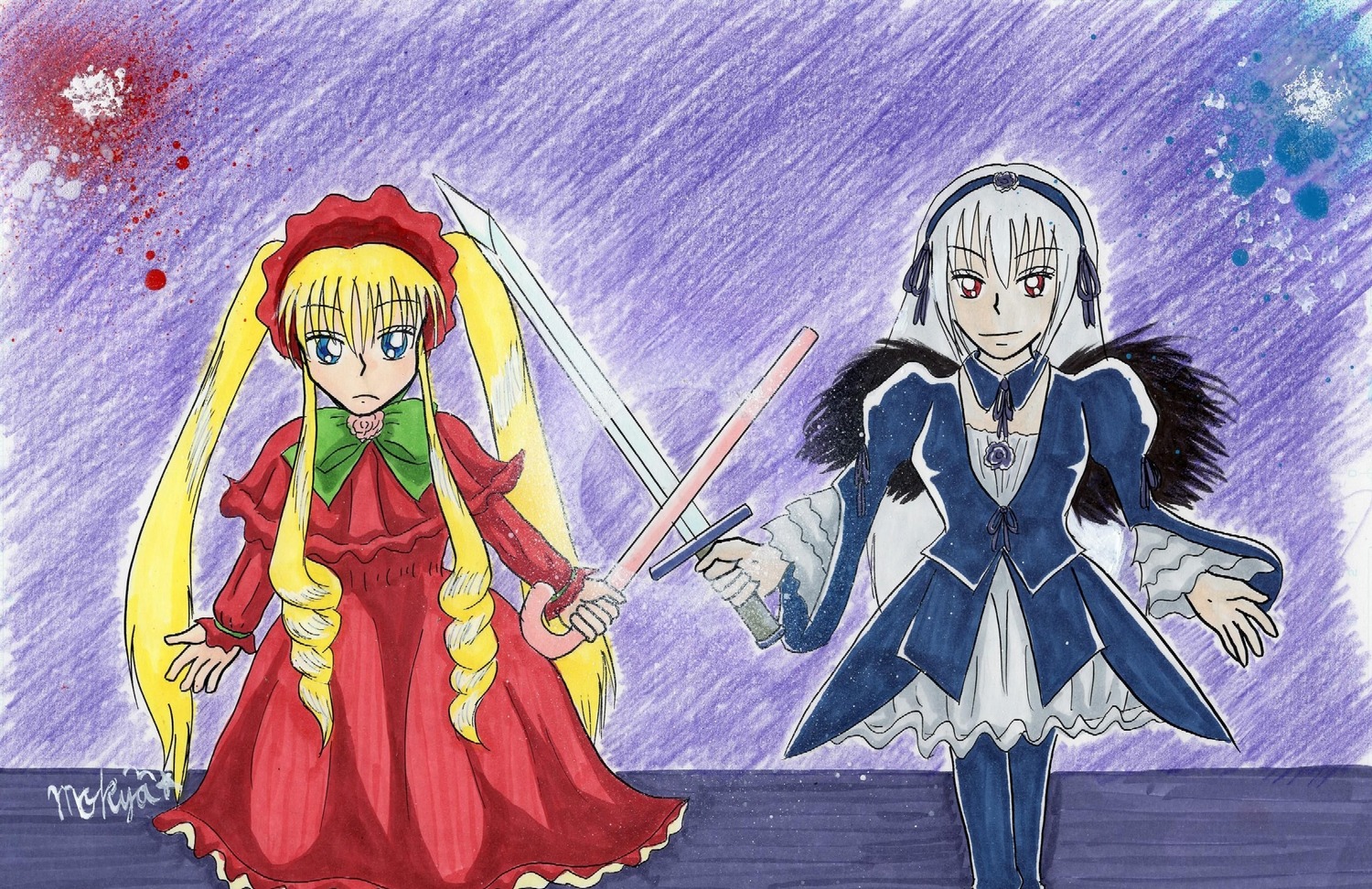 2girls blonde_hair blue_eyes bow bowtie dress frills green_bow hairband holding holding_weapon image long_hair long_sleeves looking_at_viewer multiple_girls pair red_dress red_eyes shinku standing suigintou sword twintails very_long_hair weapon wings
