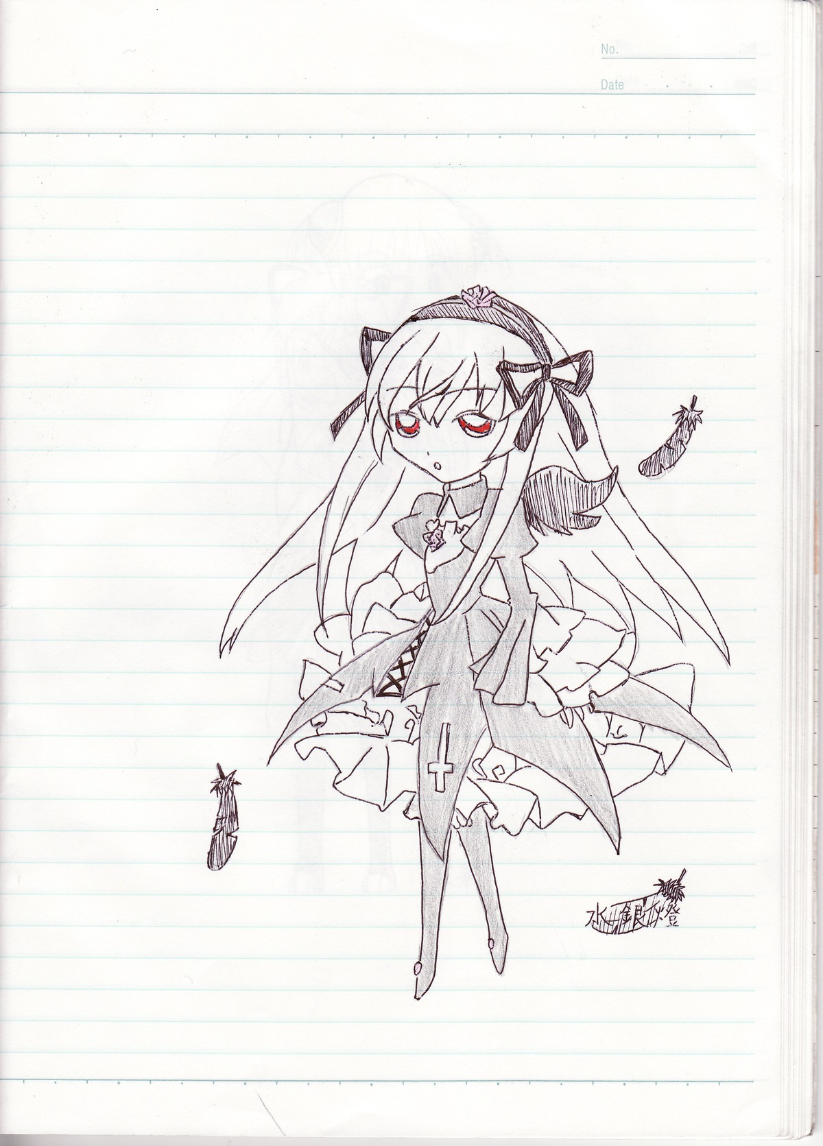 1girl auto_tagged barefoot blush dress frills full_body hairband image long_hair long_sleeves monochrome solo suigintou very_long_hair wings