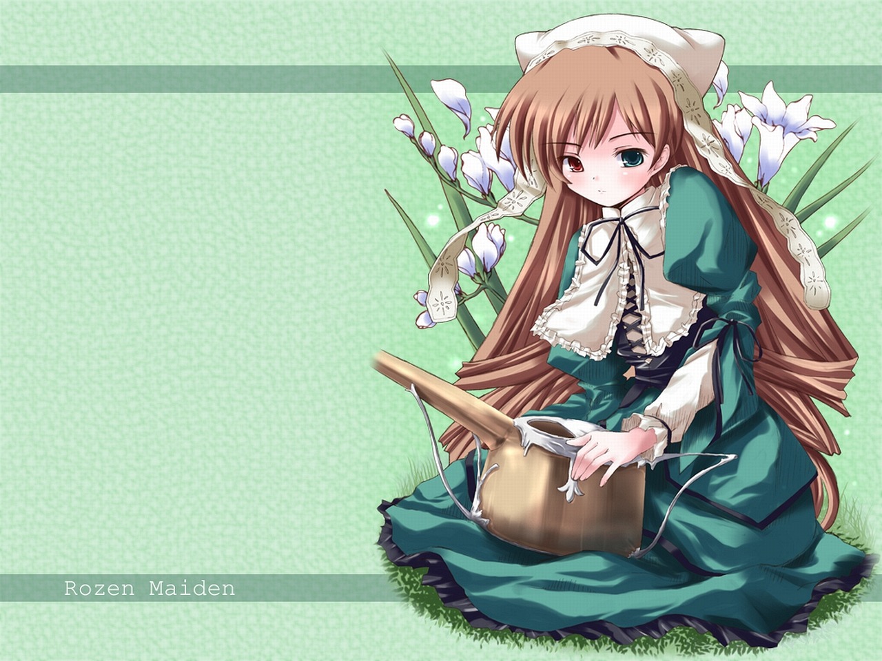 1girl bangs brown_hair corset dress drill_hair flat_chest flower freesia_(flower) frills green_background green_dress green_eyes hat head_scarf heterochromia image lolita_fashion long_hair long_sleeves looking_at_viewer red_eyes ribbon rozen_maiden shinshin sitting solo suiseiseki twin_drills twintails very_long_hair watering_can