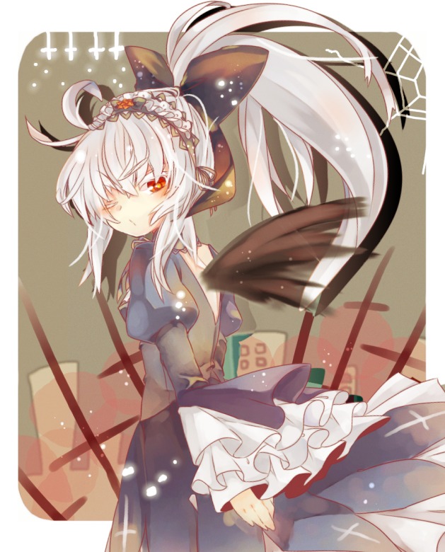 1girl alternate_hairstyle black_wings bow dress image long_hair long_sleeves one_eye_closed ponytail puffy_sleeves red_eyes solo suigintou wings