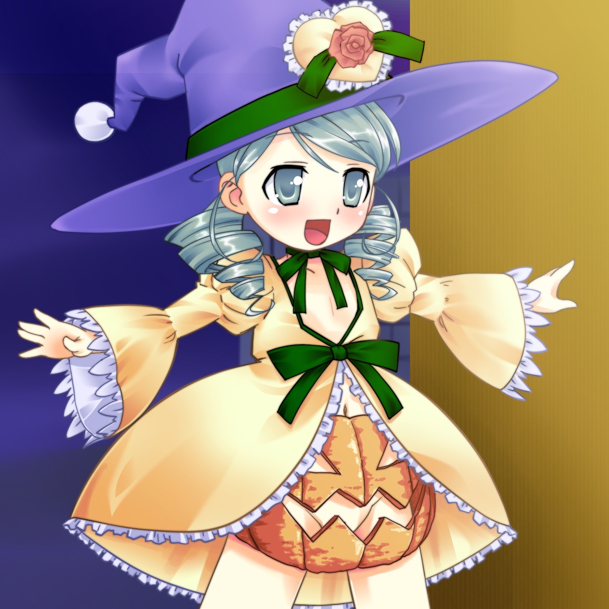 1girl bloomers blue_eyes blush dress drill_hair flower hat hat_flower image kanaria long_sleeves open_mouth outstretched_arms pink_rose rose silver_hair smile solo twin_drills witch_hat