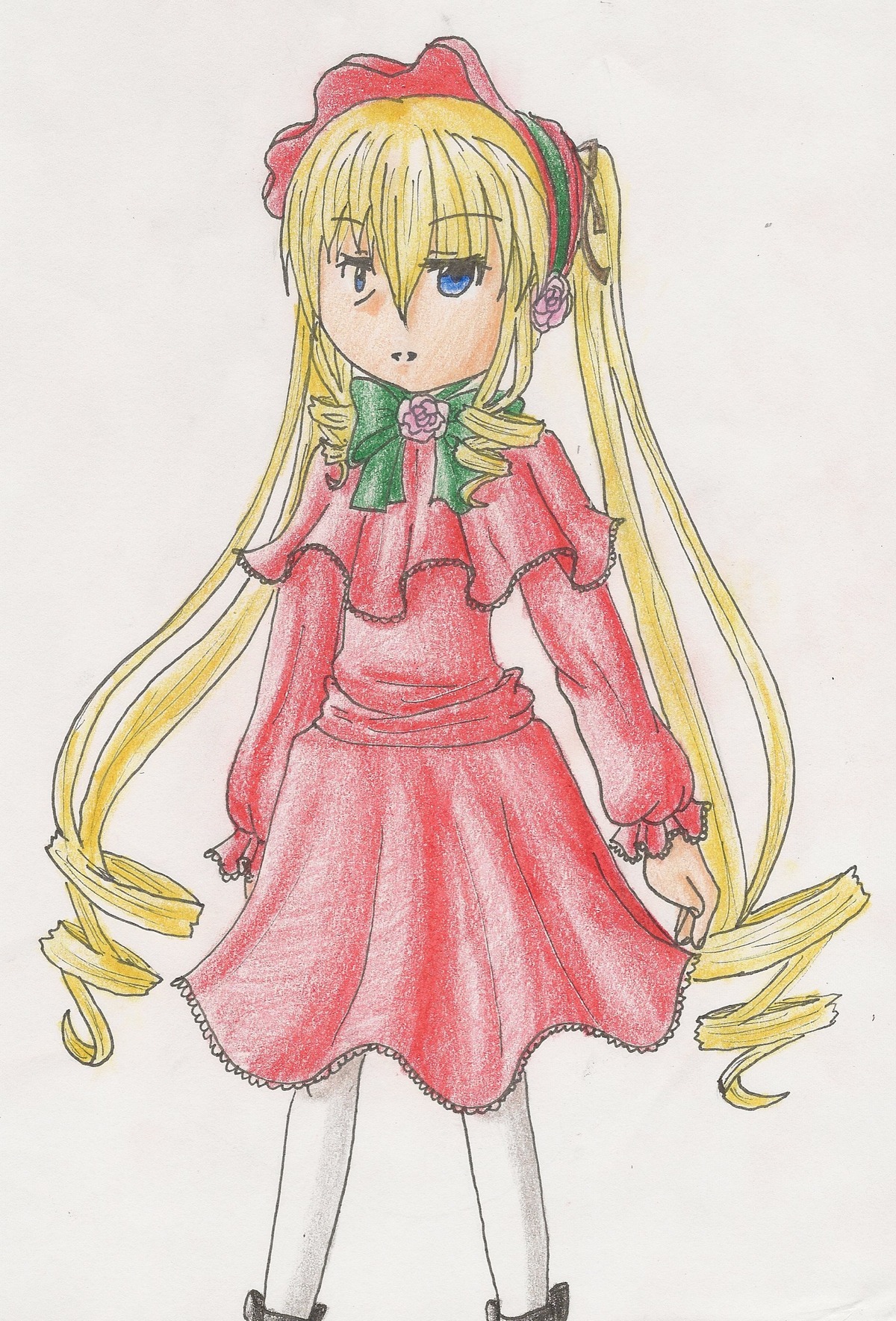 1girl blonde_hair blue_eyes bow bowtie dress drill_hair green_bow image long_hair long_sleeves looking_at_viewer marker_(medium) pantyhose red_dress ringlets shinku simple_background solo traditional_media twin_drills twintails very_long_hair white_background white_legwear