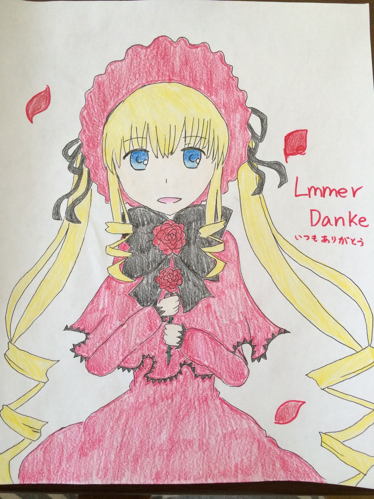 1girl :d blonde_hair blue_eyes bonnet capelet dress drill_hair flower image long_hair long_sleeves looking_at_viewer marker_(medium) open_mouth petals photo pink_flower red_dress rose rose_petals shinku sidelocks smile solo traditional_media twintails