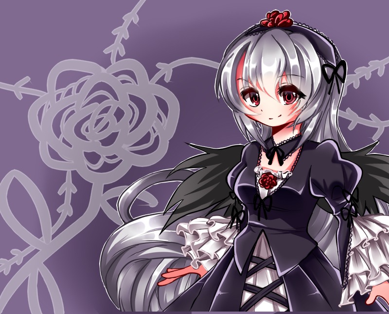 1girl black_dress breasts dress flower frills gothic_lolita hairband image lolita_fashion long_hair long_sleeves puffy_sleeves red_eyes rose silver_hair smile solo suigintou wings
