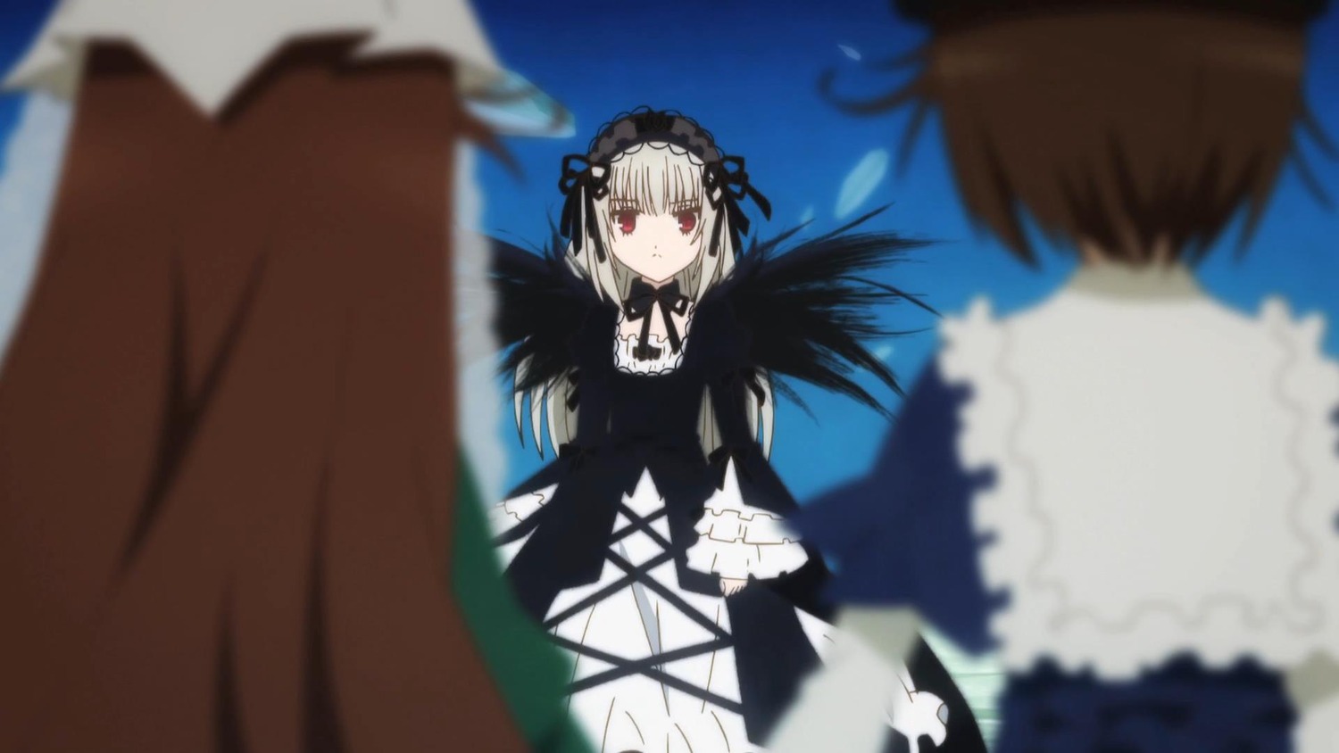 1boy 2girls black_dress black_wings blurry blurry_background blurry_foreground brown_hair depth_of_field dress feathered_wings frills gothic_lolita hairband image lolita_fashion lolita_hairband long_hair long_sleeves motion_blur multiple multiple_girls red_eyes ribbon silver_hair suigintou tagme wings