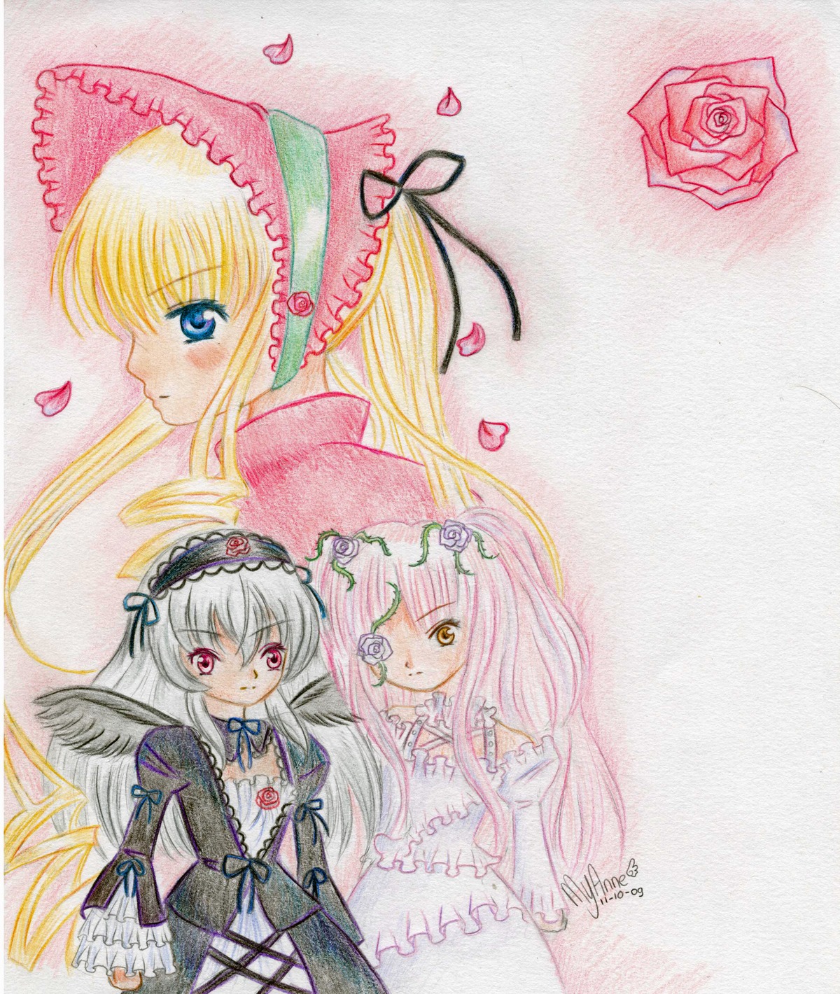 3girls blonde_hair blue_eyes blush bow dress flower frills hairband image long_hair long_sleeves looking_at_viewer marker_(medium) multiple multiple_girls petals pink_eyes pink_flower pink_hair pink_rose red_flower red_rose rose rose_petals shinku silver_hair smile suigintou tagme traditional_media watercolor_(medium) wings