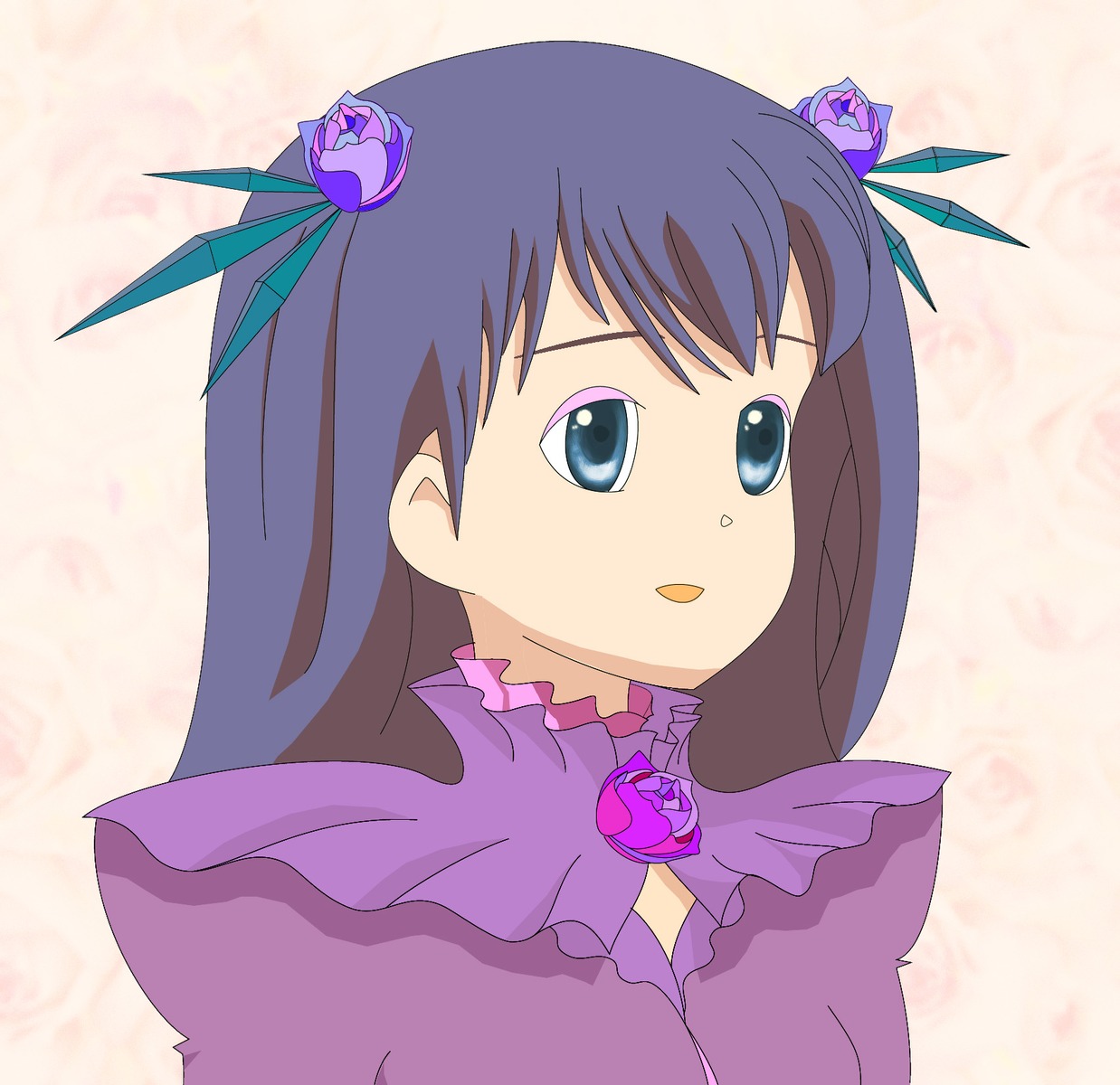 1girl barasuishou blue_eyes dress flower hair_flower hair_ornament image long_hair looking_at_viewer purple_dress purple_flower rose solo