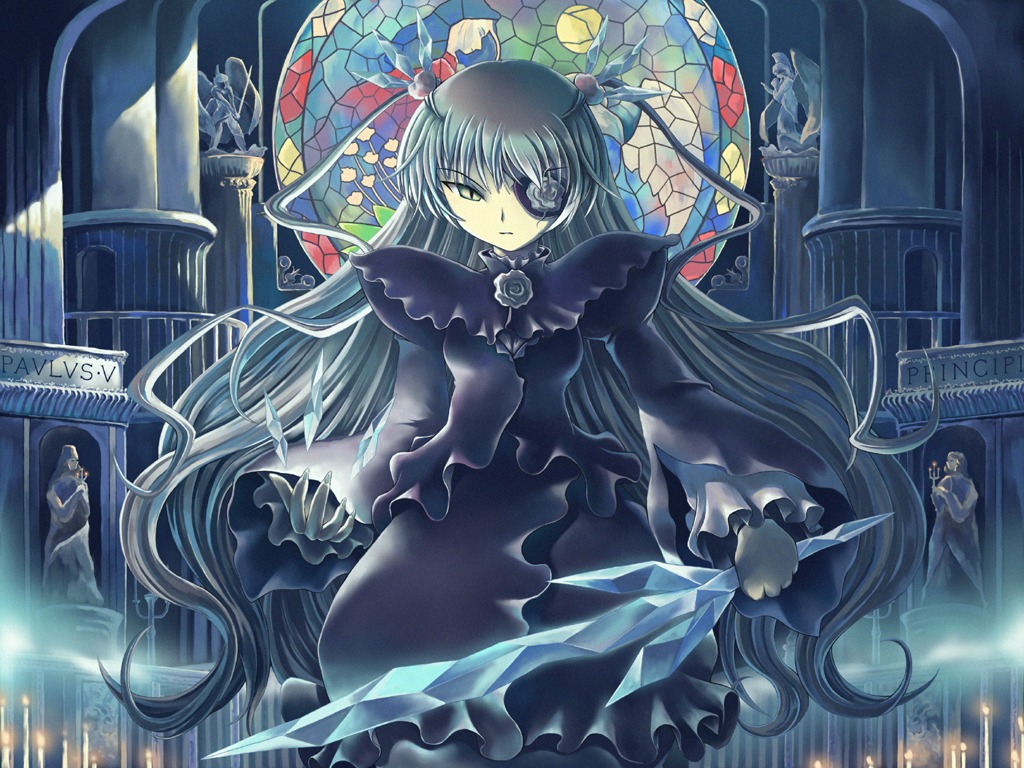 1girl barasuishou black_hair church commentary_request crystal dress eyepatch frills image long_hair long_sleeves ranranloo rozen_maiden silver_hair solo sword two_side_up very_long_hair weapon yellow_eyes