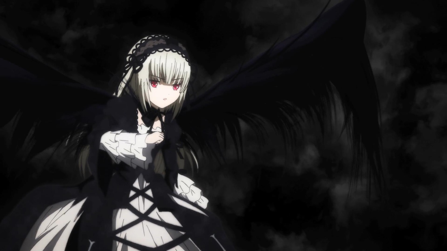 1girl black_wings dress frills hairband image lolita_fashion long_hair long_sleeves looking_at_viewer red_eyes solo suigintou wings