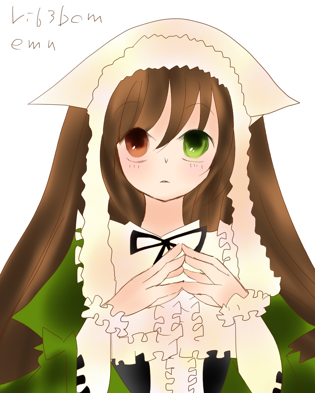 1girl blush brown_hair dress english_text green_dress green_eyes heart heterochromia image long_hair long_sleeves looking_at_viewer red_eyes ribbon solo striped suiseiseki white_background