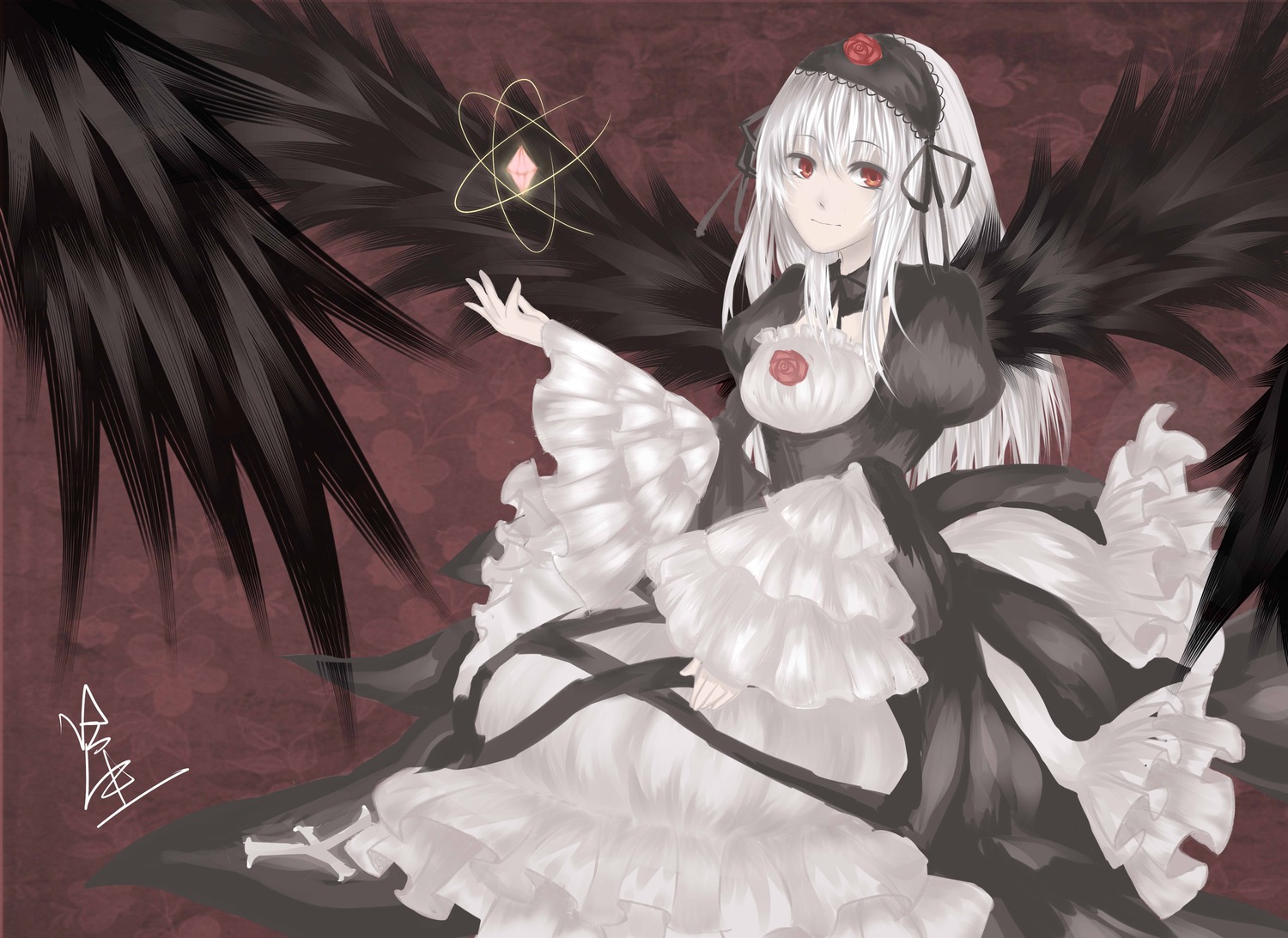 1girl bangs black_dress black_wings dress feathers flower frills hairband heart image long_hair long_sleeves looking_at_viewer red_eyes rose signature silver_hair smile solo suigintou very_long_hair wings