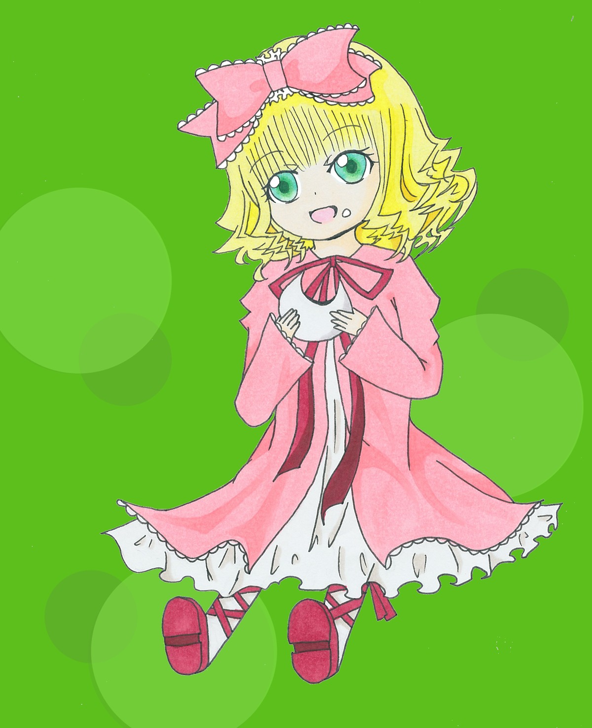 1girl :d blonde_hair bow dress full_body green_background green_eyes hair_bow hina_ichigo hinaichigo image long_sleeves looking_at_viewer open_mouth pink_bow pink_dress pink_footwear pink_neckwear red_footwear ribbon short_hair simple_background smile solo