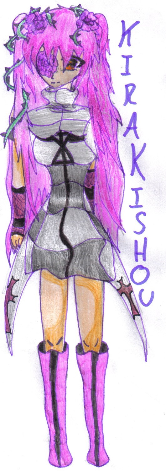 1girl boots flower image kirakishou knee_boots long_hair mask purple_hair solo weapon yellow_eyes