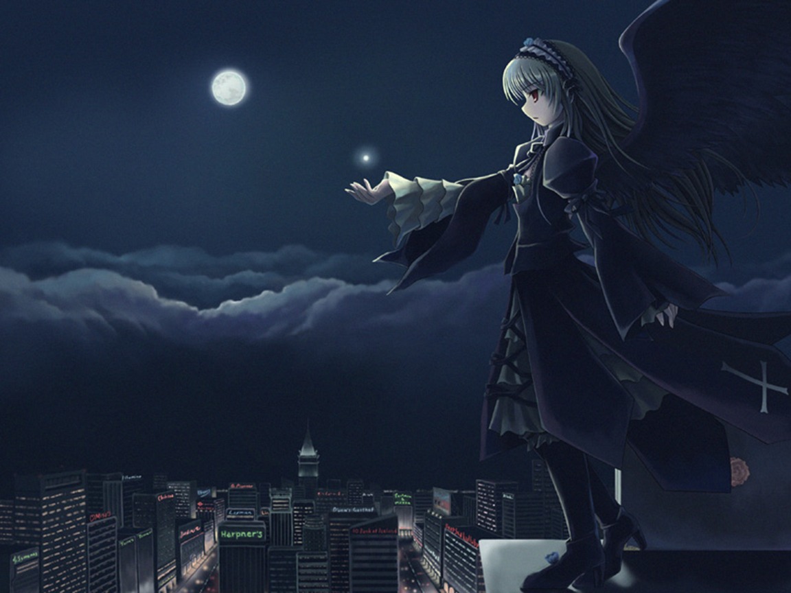 1girl boots building city cityscape dress frills full_moon hairband high_heels image long_hair long_sleeves moon night night_sky outdoors red_eyes sky solo suigintou wings