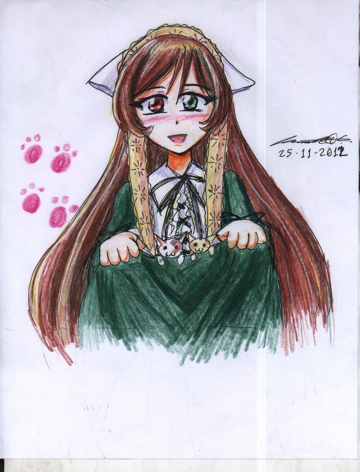 1girl blush brown_hair colored_pencil_(medium) dated dress green_dress heterochromia image long_hair long_sleeves looking_at_viewer open_mouth photo red_eyes signature smile solo suiseiseki traditional_media