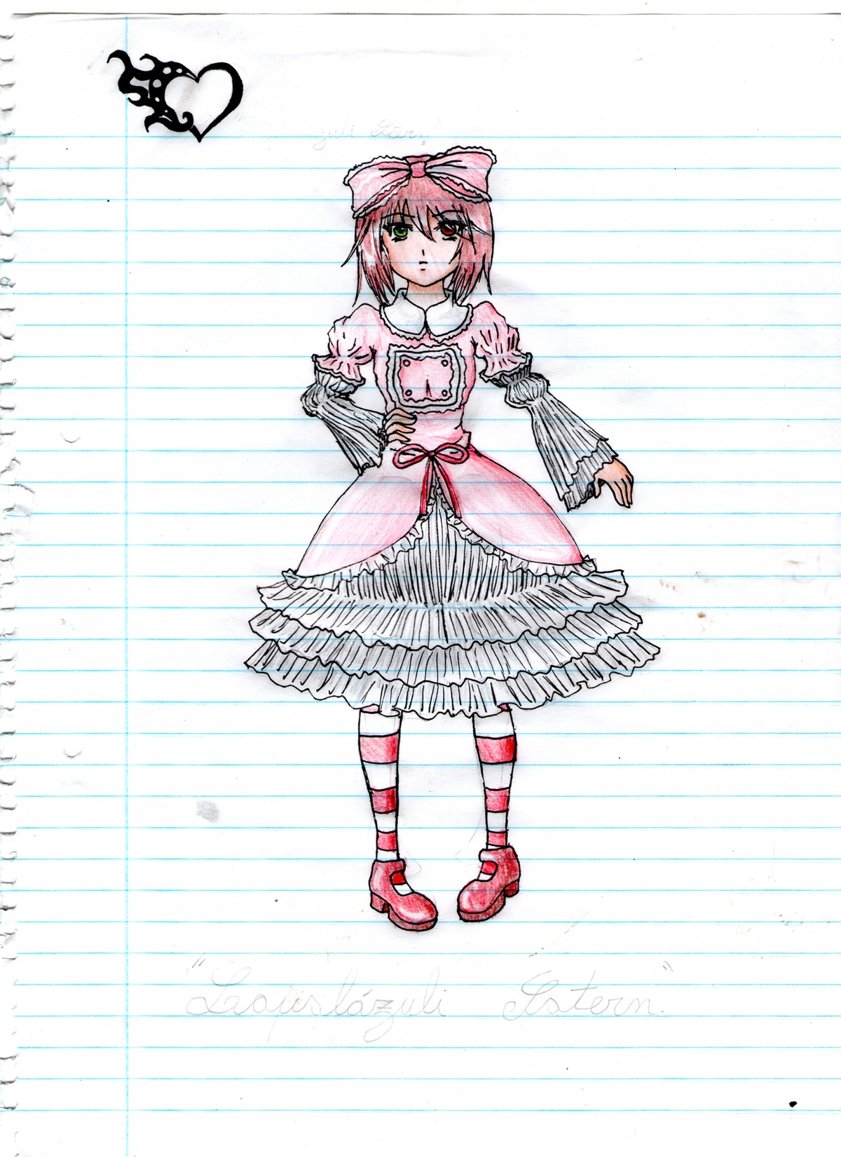 1girl blush bow dress frills full_body green_eyes hair_bow heterochromia image lolita_fashion long_sleeves looking_at_viewer pantyhose pink_bow pink_hair puffy_sleeves ribbon shoes short_hair smile solo souseiseki standing striped striped_legwear