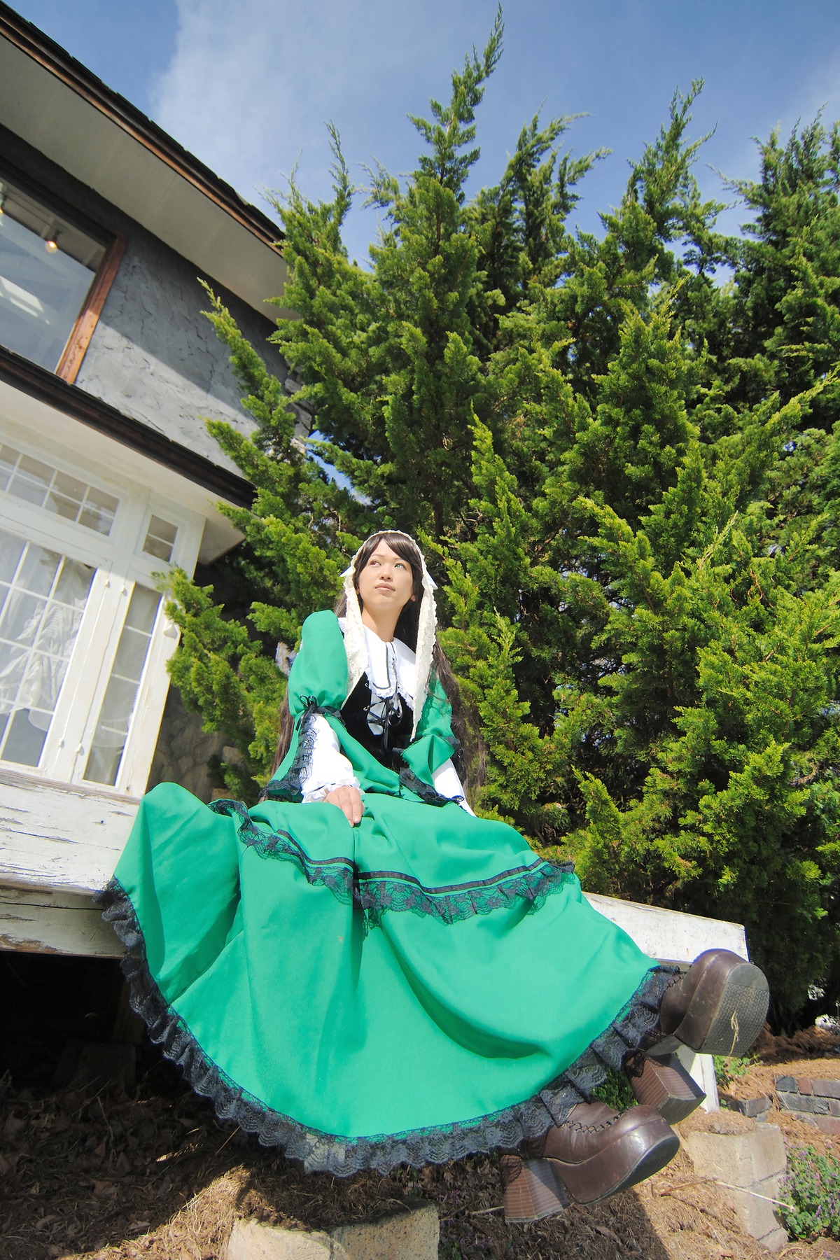 1girl boots closed_eyes cloud day dress green_dress outdoors sky solo suiseiseki tree