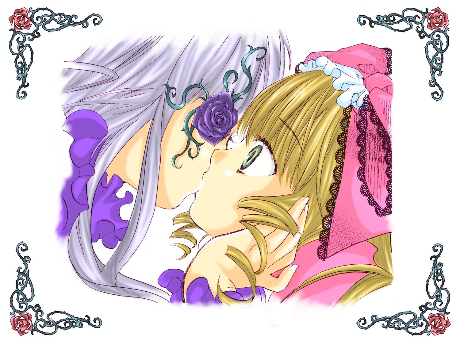 2girls artist_request blonde_hair blue_rose bow drill_hair flower green_eyes highres hina_ichigo hinaichigo image kirakishou kiss multiple_girls pair pink_bow pink_rose profile purple_flower purple_rose red_flower red_rose ribbon rose rozen_maiden yuri