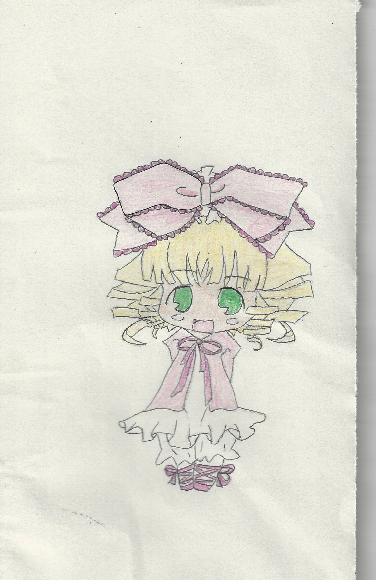 1girl blonde_hair bow chibi dress drill_hair full_body green_eyes hina_ichigo hinaichigo image long_sleeves looking_at_viewer open_mouth pink_bow pink_dress smile solo standing traditional_media