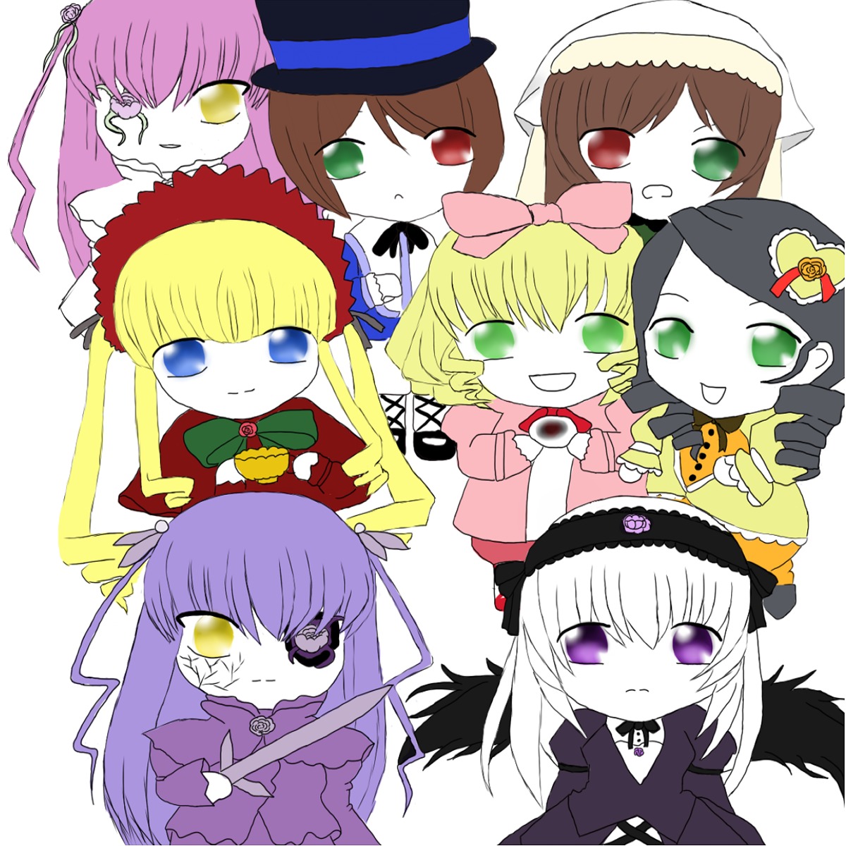 6+girls blonde_hair blue_eyes bonnet bow brown_hair dress frills green_eyes hat heterochromia hina_ichigo image kanaria long_hair long_sleeves multiple multiple_girls pink_bow red_eyes shinku short_hair smile souseiseki suigintou suiseiseki tagme twintails two_side_up very_long_hair wings yellow_eyes