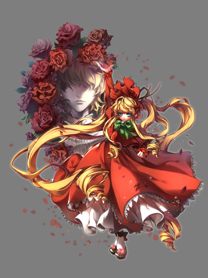 1girl blonde_hair blue_eyes bonnet bow dress flower full_body green_bow image long_hair long_sleeves petals red_dress red_flower red_rose rose shinku shoes solo twintails very_long_hair