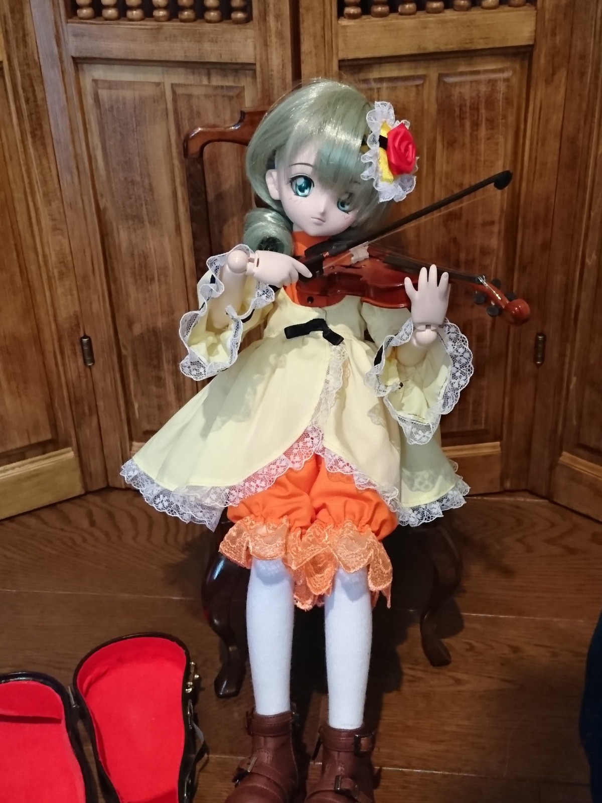 1girl boots doll dress flower frills hair_flower hair_ornament instrument kanaria sitting solo violin white_legwear