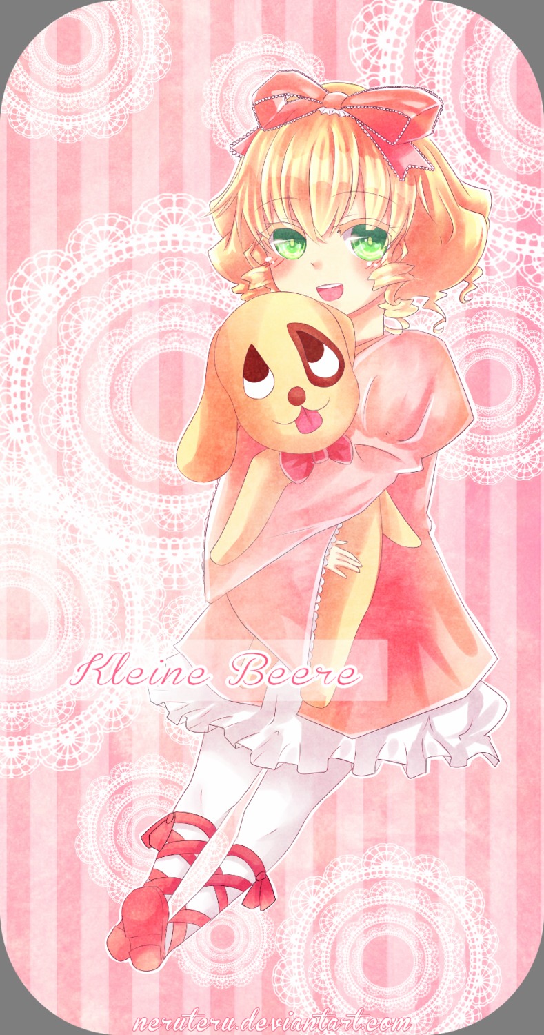 1girl blonde_hair bow dress frills green_eyes hair_ribbon hina_ichigo hinaichigo image open_mouth pantyhose pink_dress red_footwear ribbon short_hair smile solo stuffed_animal white_legwear