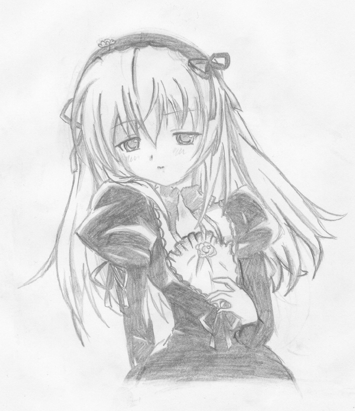 1girl blush dress greyscale hairband image long_hair long_sleeves looking_at_viewer monochrome ribbon rose simple_background solo suigintou traditional_media upper_body white_background