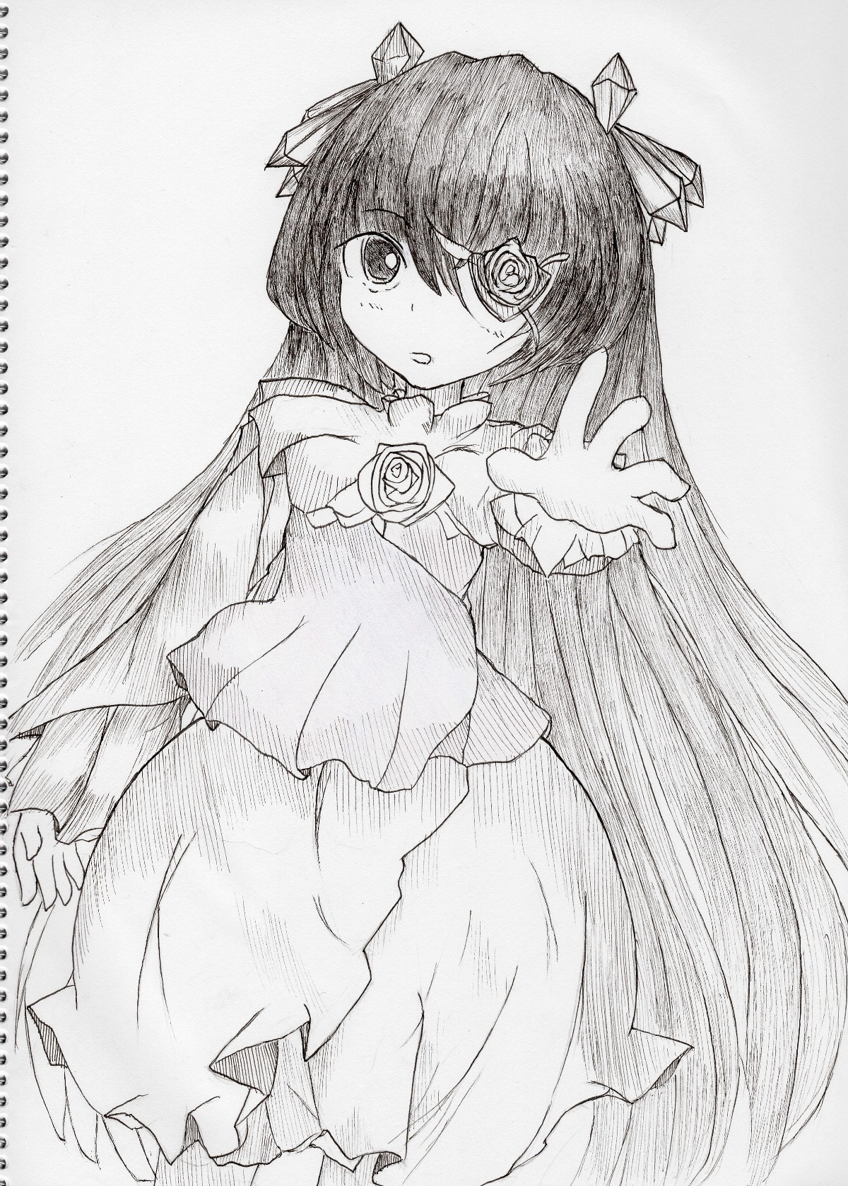 1girl barasuishou flower greyscale hair_ornament image long_hair long_sleeves looking_at_viewer monochrome rose skirt solo traditional_media very_long_hair