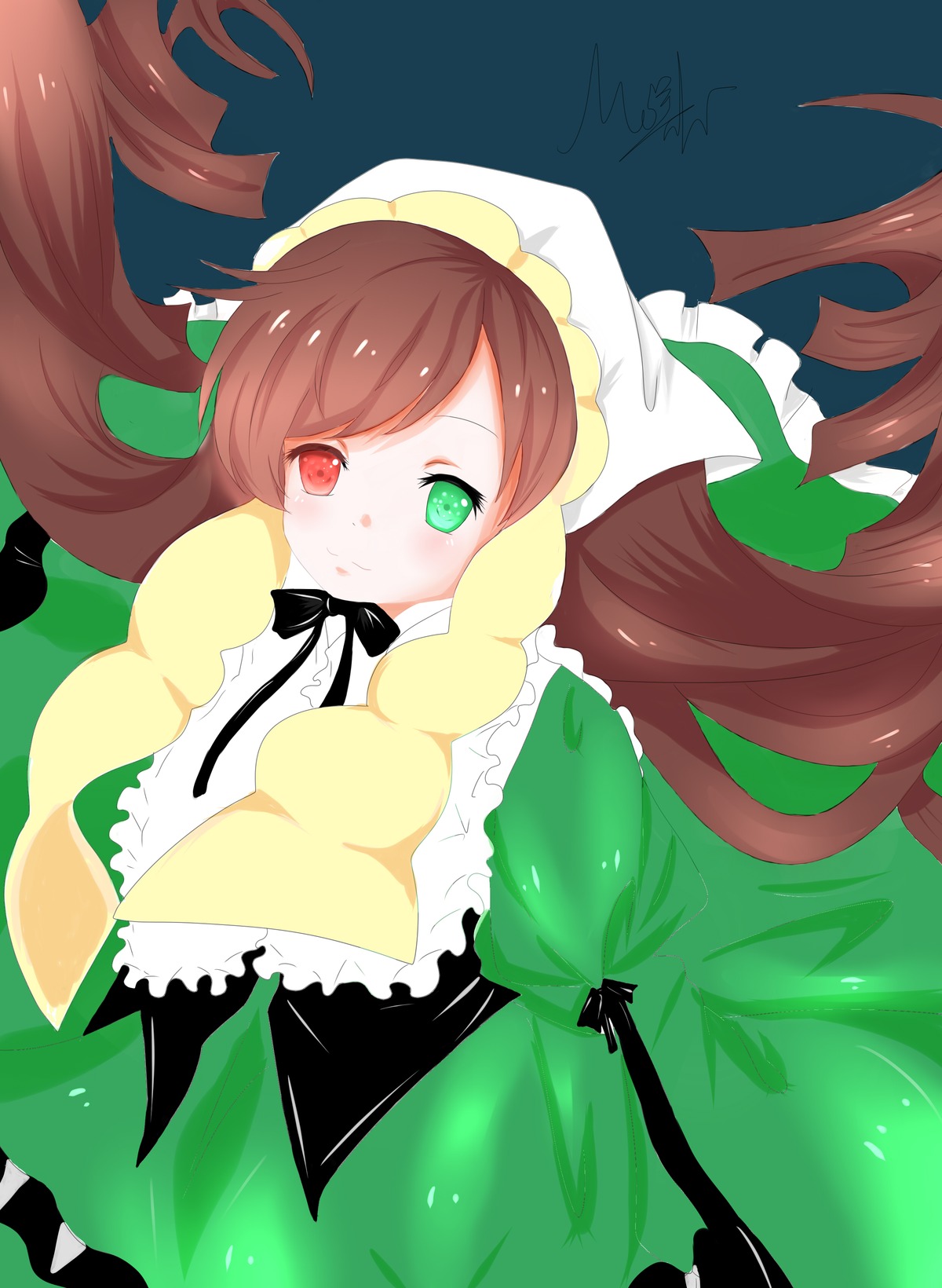 1girl bow brown_hair dress frills green_dress green_eyes heterochromia image long_hair long_sleeves looking_at_viewer red_eyes signature solo suiseiseki very_long_hair