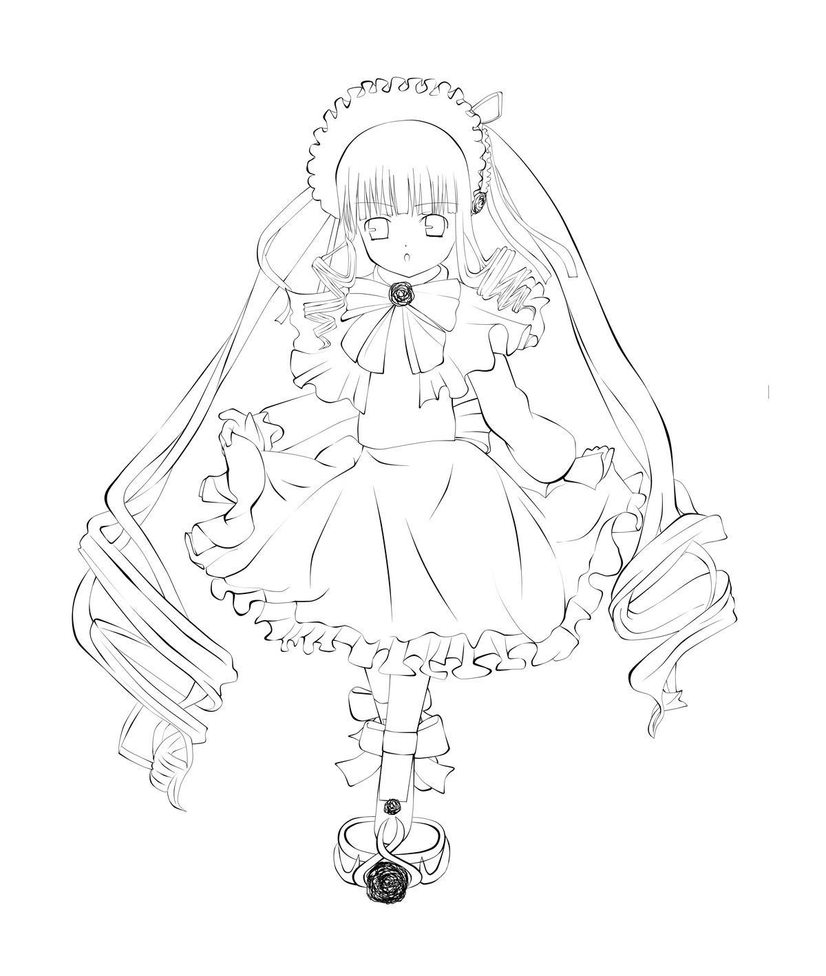 1girl bow bowtie dress frills full_body greyscale image long_hair long_sleeves looking_at_viewer monochrome rose shinku solo striped very_long_hair