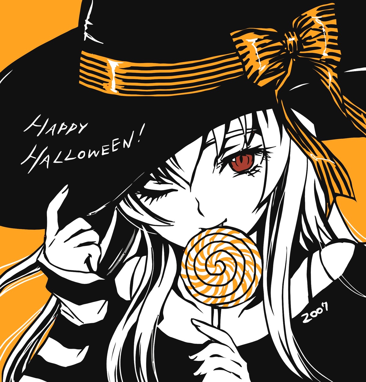 1girl 2007 artist_request candy dated food halloween happy_halloween hat highres image imageboard_desourced jack-o'-lantern limited_palette lollipop long_hair monochrome non-web_source one_eye_closed orange_background red_eyes ribbon rozen_maiden signature solo spot_color suigintou swirl_lollipop trick_or_treat witch_hat