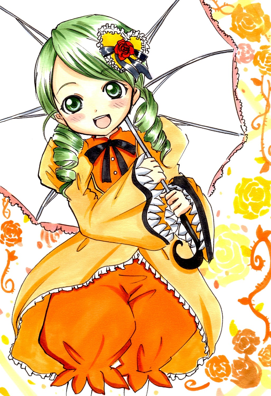 1girl blush drill_hair flower green_eyes green_hair hair_ornament holding_umbrella image kanaria long_hair long_sleeves open_mouth parasol rose smile solo transparent transparent_umbrella twin_drills umbrella