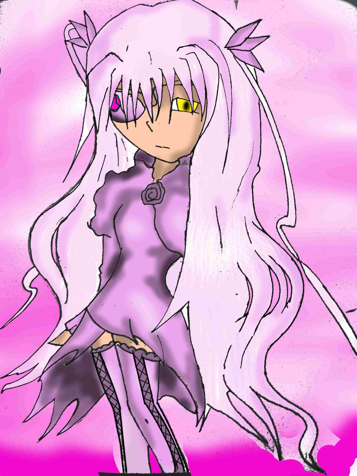 1girl auto_tagged barasuishou dress image long_hair long_sleeves pink_hair purple_flower solo standing thighhighs two_side_up very_long_hair yellow_eyes