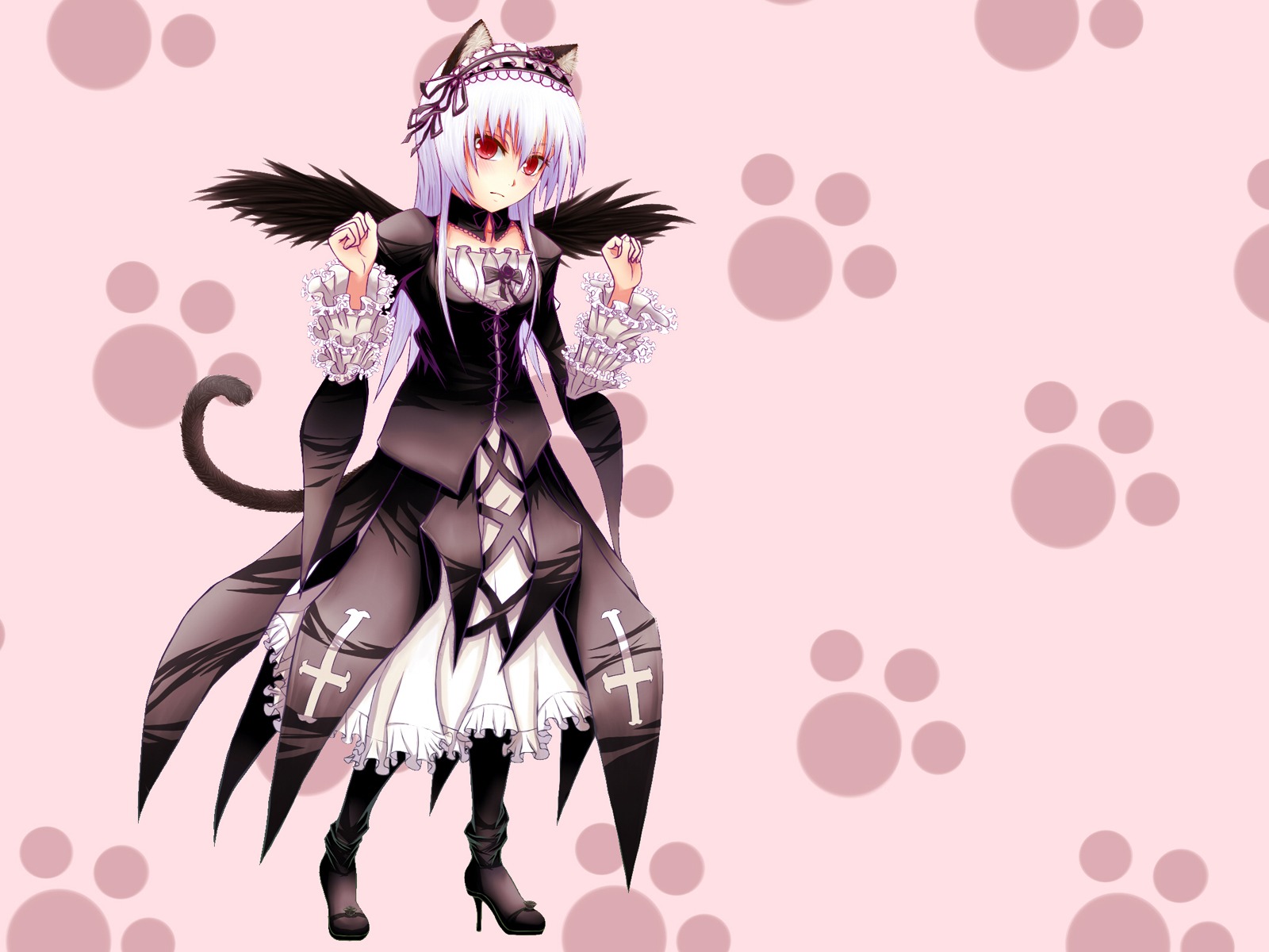 1girl animal_ears blush boots cat_ears cat_tail color_guide dress frills full_body hairband image kemonomimi_mode long_hair long_sleeves looking_at_viewer paw_pose paw_print red_eyes silver_hair smile solo suigintou tail wings