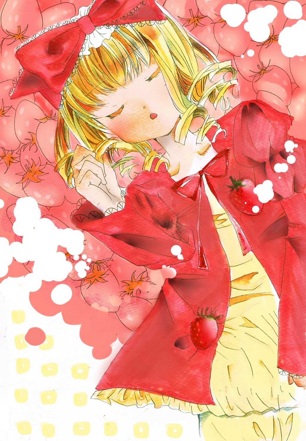 1girl blonde_hair blush bow closed_eyes dress drill_hair flower fruit hina_ichigo hinaichigo image lying sleeping solo traditional_media