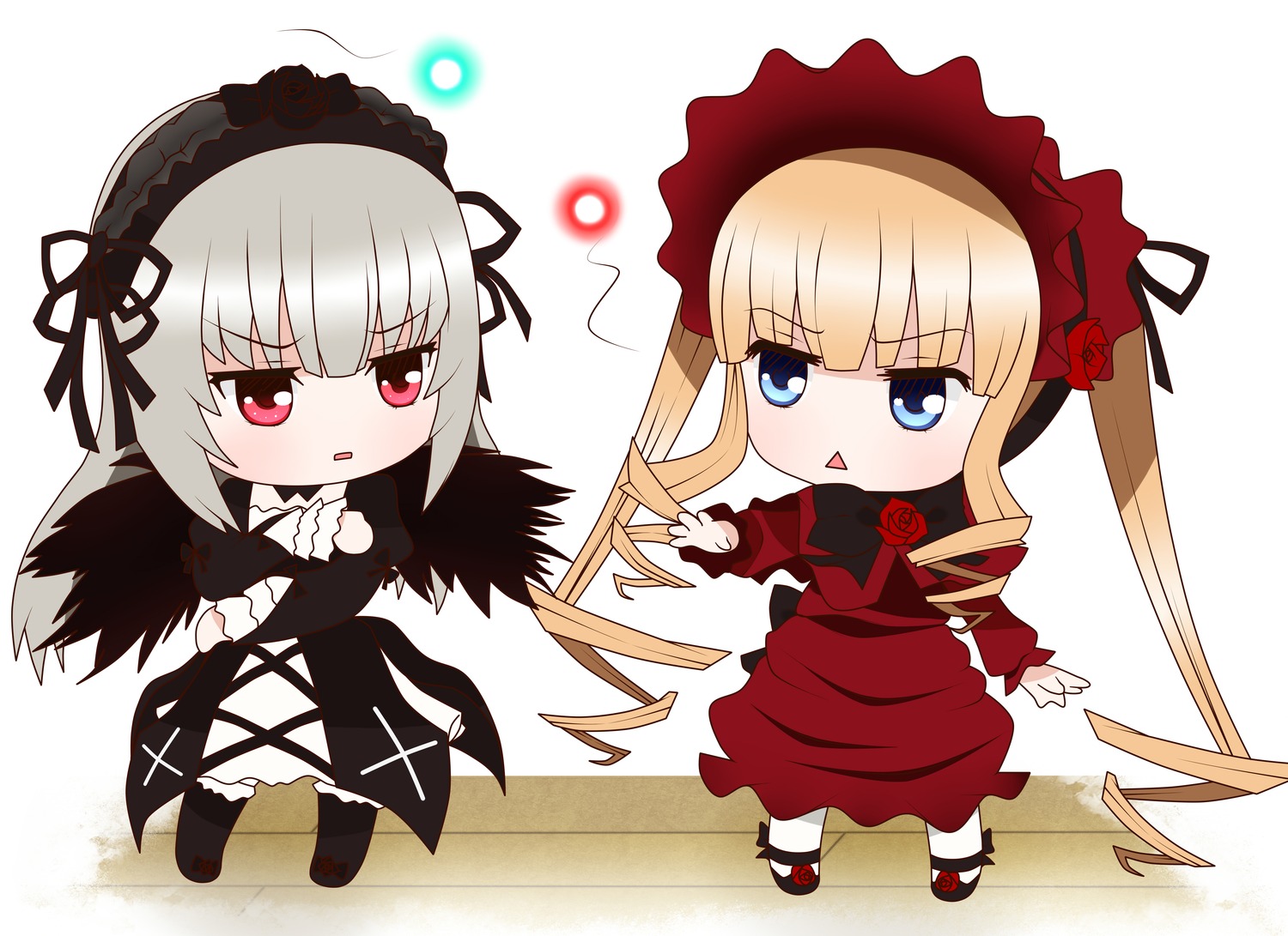 2girls black_dress black_wings blonde_hair blue_eyes blush bonnet chibi dress drill_hair flower hairband image jitome lolita_fashion long_hair long_sleeves multiple_girls open_mouth pair red_dress red_eyes red_flower red_rose rose shinku silver_hair suigintou twintails very_long_hair wings