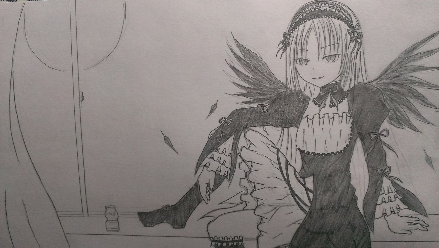 1girl black_wings dress feathered_wings feathers flower frills hairband image long_hair long_sleeves looking_at_viewer monochrome ribbon solo suigintou very_long_hair wings