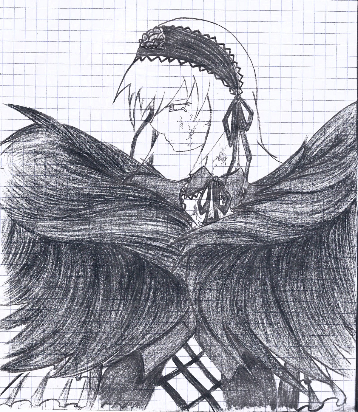 1girl auto_tagged black_wings dress feathered_wings frills greyscale hairband image long_hair looking_at_viewer monochrome simple_background solo suigintou white_background wings