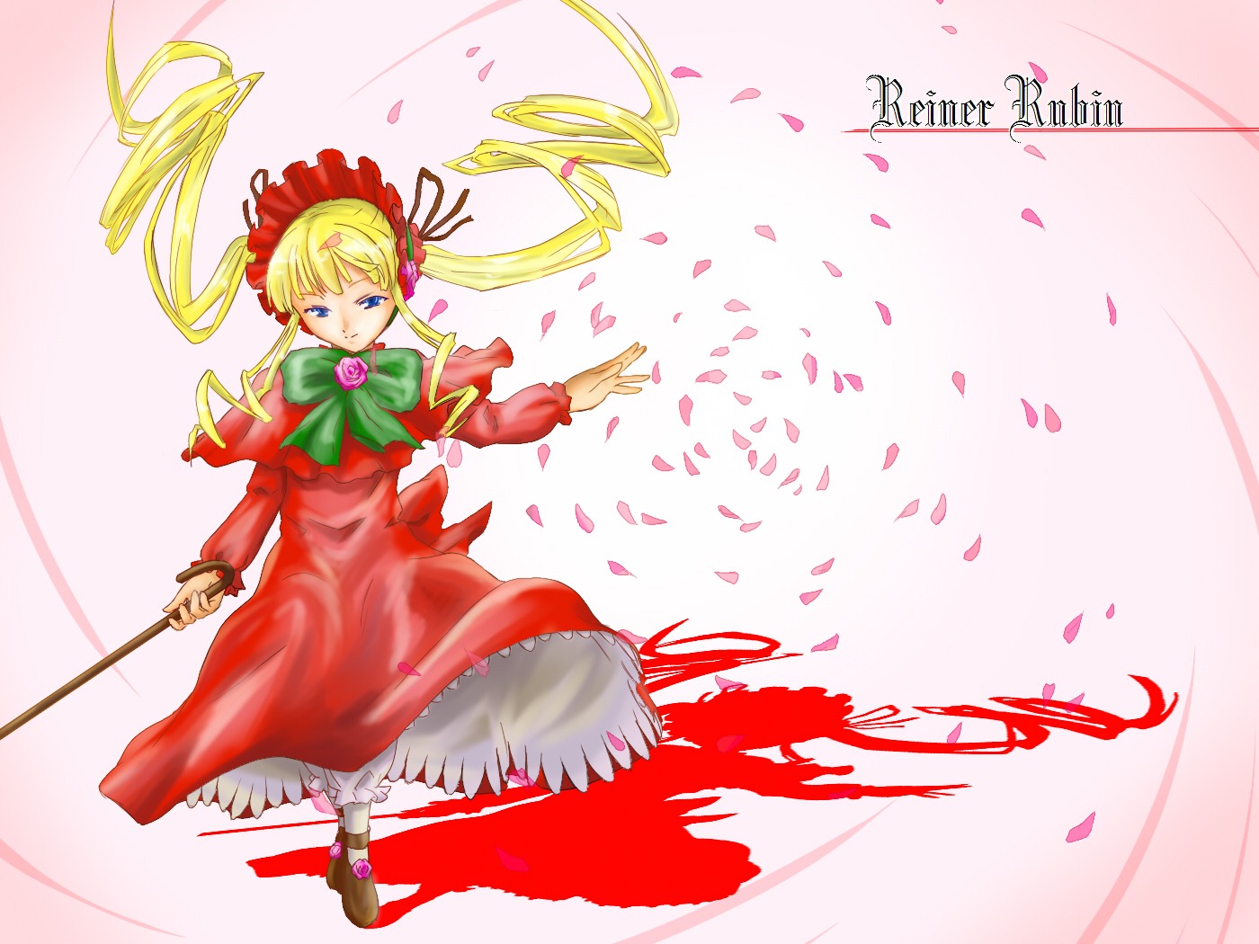 1girl auto_tagged blonde_hair blue_eyes bonnet bow bowtie capelet dress flower full_body image long_hair long_sleeves petals red_dress rose shinku shoes solo striped twintails