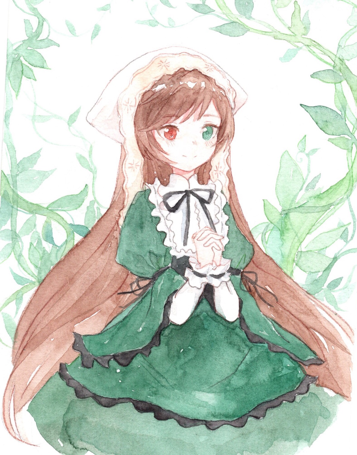 1girl brown_hair dress frills green_dress green_eyes head_scarf heterochromia image leaf long_hair long_sleeves looking_at_viewer plant red_eyes smile solo suiseiseki very_long_hair watering_can