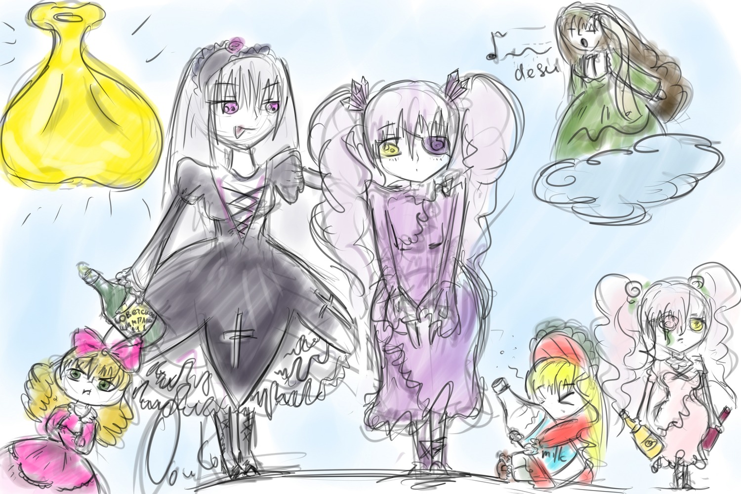 blonde_hair bow dress green_eyes hairband heterochromia hina_ichigo image kanaria long_hair long_sleeves looking_at_viewer multiple multiple_girls pink_bow pink_hair purple_eyes shinku silver_hair sketch smile suigintou suiseiseki tagme tongue tongue_out twintails very_long_hair wings yellow_eyes