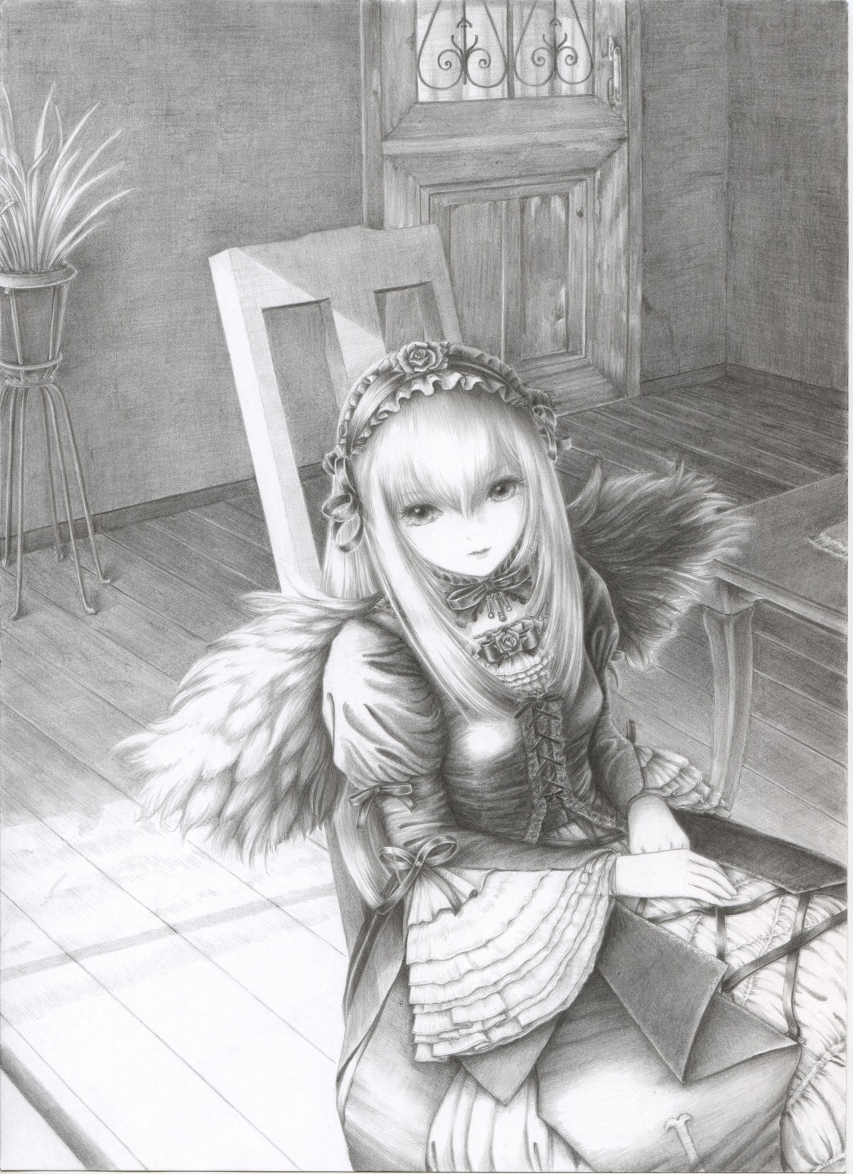 1girl dress flower frills greyscale hairband image long_hair long_sleeves looking_at_viewer monochrome ribbon rose sitting solo suigintou traditional_media