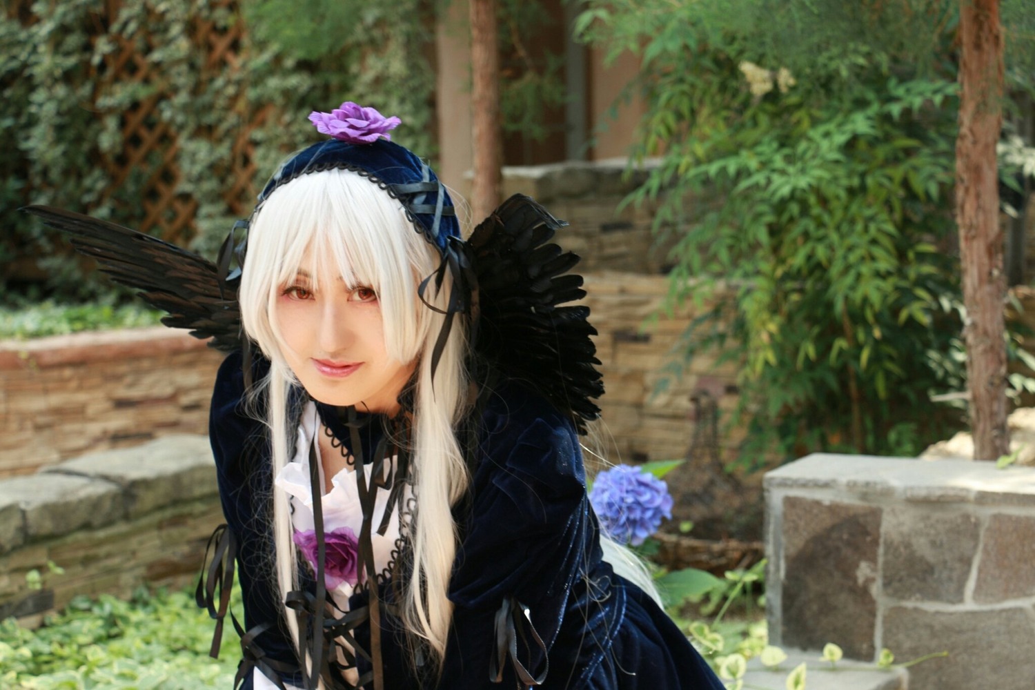 1girl 3d black_dress blurry blurry_background depth_of_field dress flower frills hairband lips long_hair long_sleeves looking_at_viewer photo red_eyes silver_hair solo suigintou wings