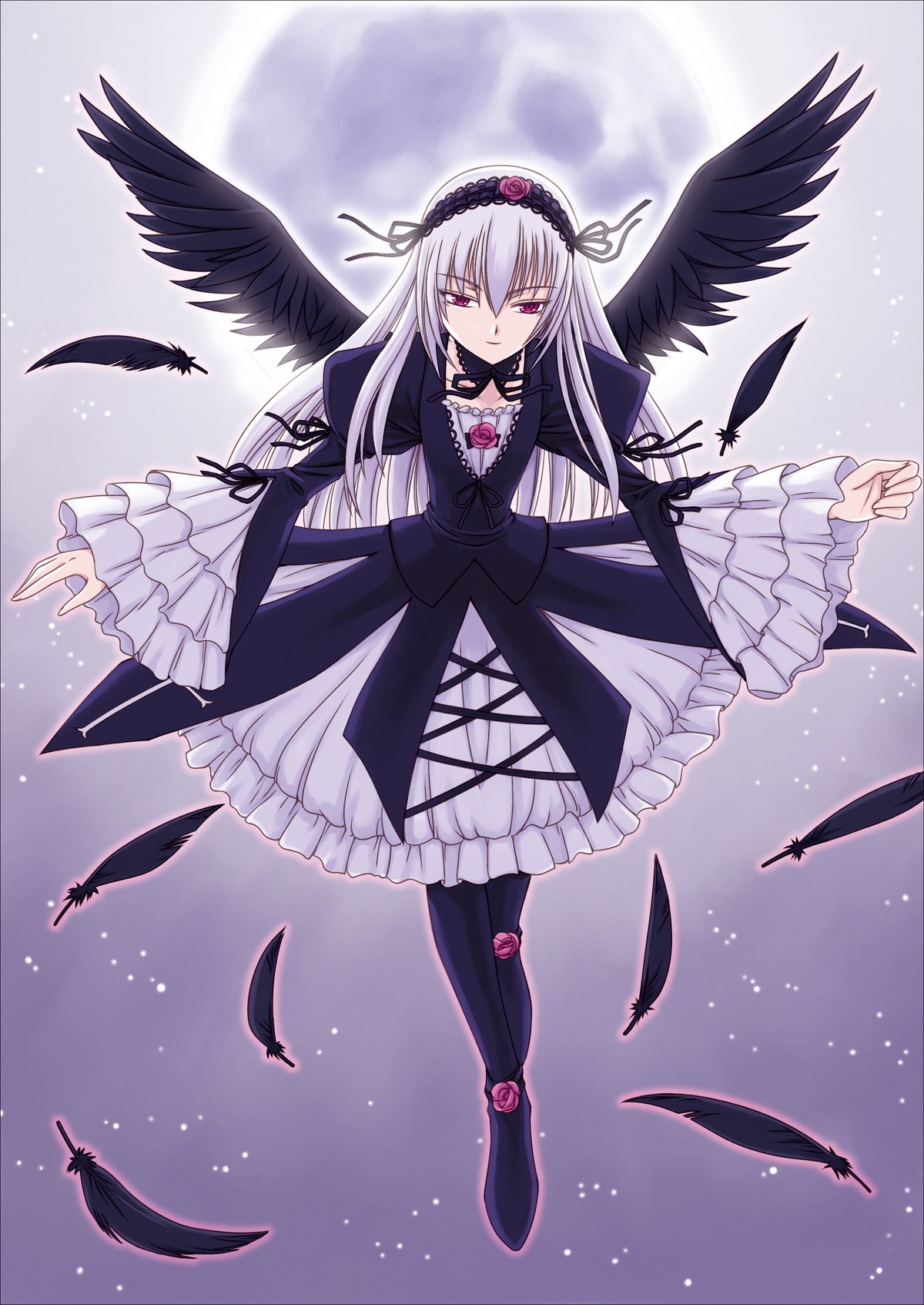 1girl black_feathers black_legwear black_wings dress feathered_wings feathers flower frilled_sleeves frills full_body hairband lolita_fashion long_hair long_sleeves looking_at_viewer pink_eyes rose silver_hair solo suigintou wings