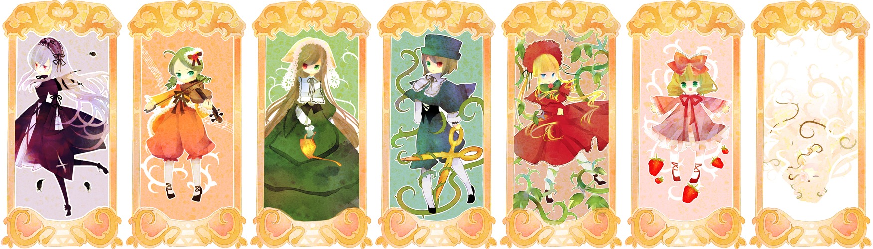 blonde_hair blue_eyes bow brown_eyes brown_hair dress elbow_gloves flower gloves green_dress green_eyes green_hair hair_ornament hat image jewelry long_hair multiple multiple_girls petals ponytail ribbon rose short_hair smile tagme top_hat very_long_hair yellow_flower