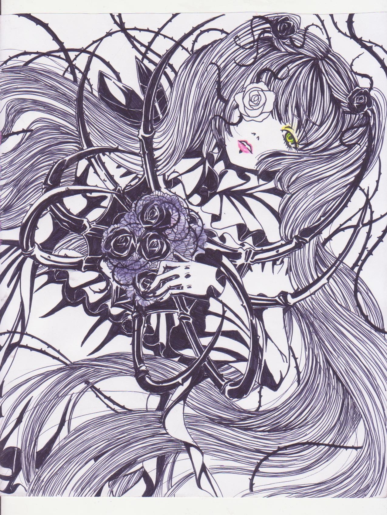 1girl eyepatch flower hair_ornament image kirakishou long_hair monochrome rose solo traditional_media twintails very_long_hair