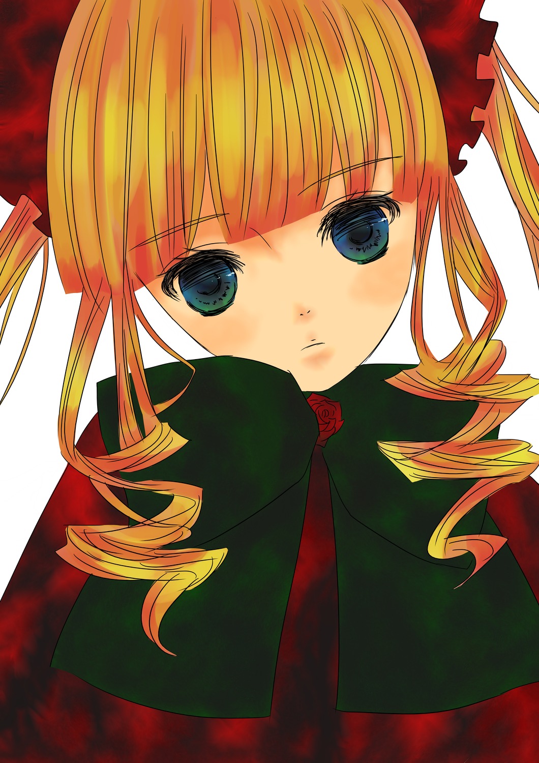 1girl bangs blonde_hair blue_eyes bow drill_hair flower green_bow image long_hair long_sleeves looking_at_viewer rose shinku simple_background solo twin_drills twintails upper_body