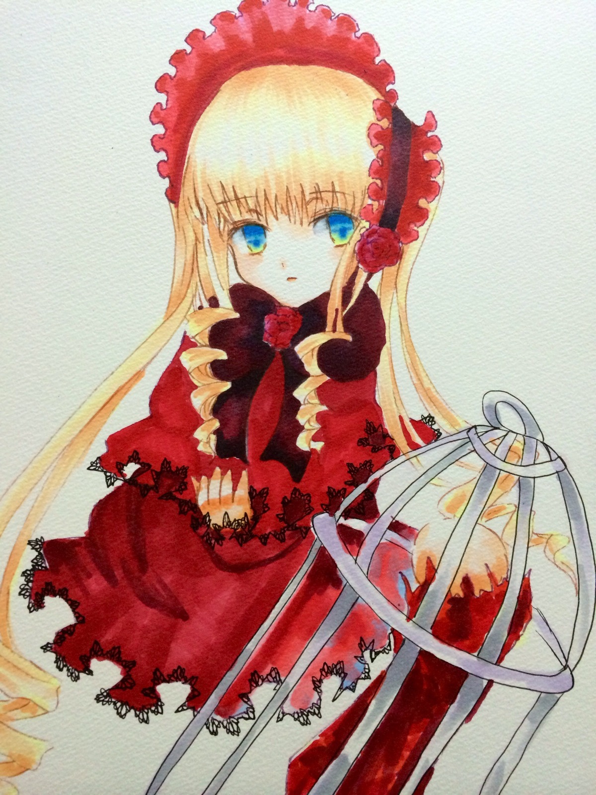 1girl blonde_hair blue_eyes bonnet bow dress drill_hair flower image long_hair long_sleeves looking_at_viewer marker_(medium) red_dress red_flower rose shinku solo torn_clothes traditional_media twintails